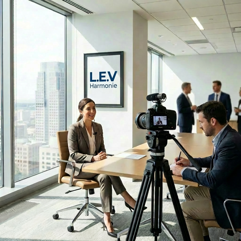 A professional woman being filmed for an interview in a bright office with city views.