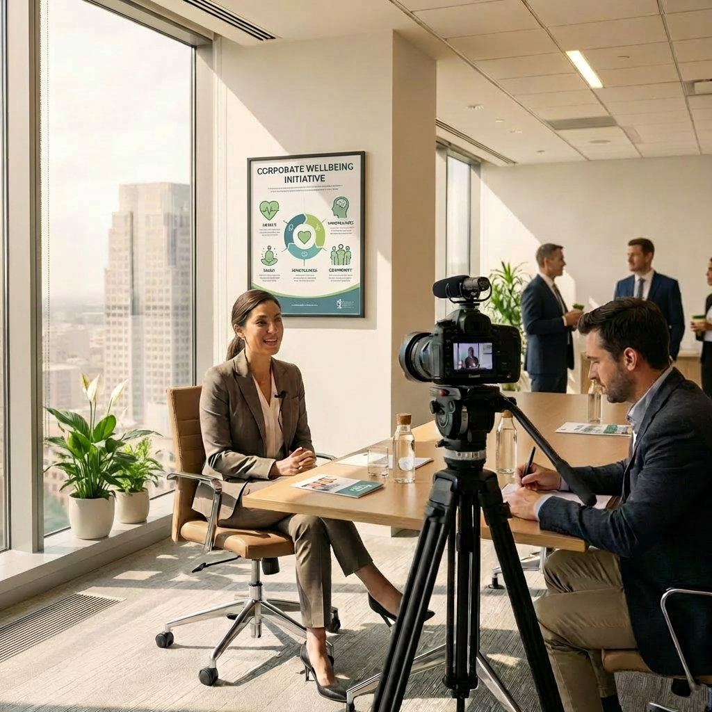 A professional woman being filmed for an interview in a bright office with city views.